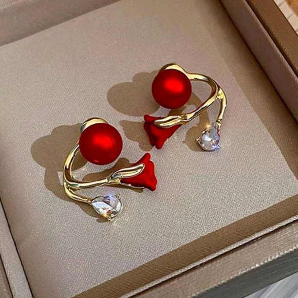 Elegant Red Rose & Faux Pearl Rhinestone Earrings New! - Picture 4 of 9